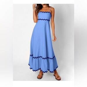 Blue Scalloped Trim Maxi Dress Cottagecore Summer Sundress S